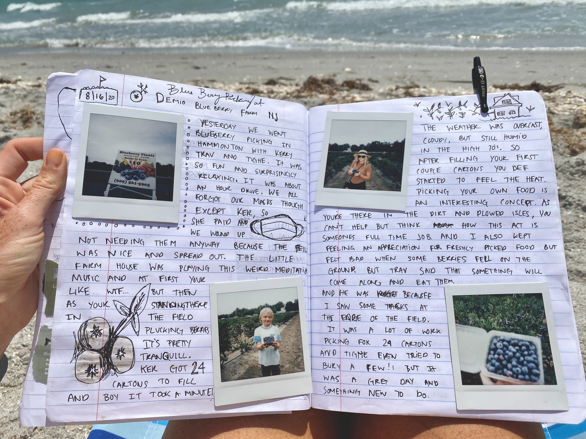 A handwritten beach journal with Polaroid photos